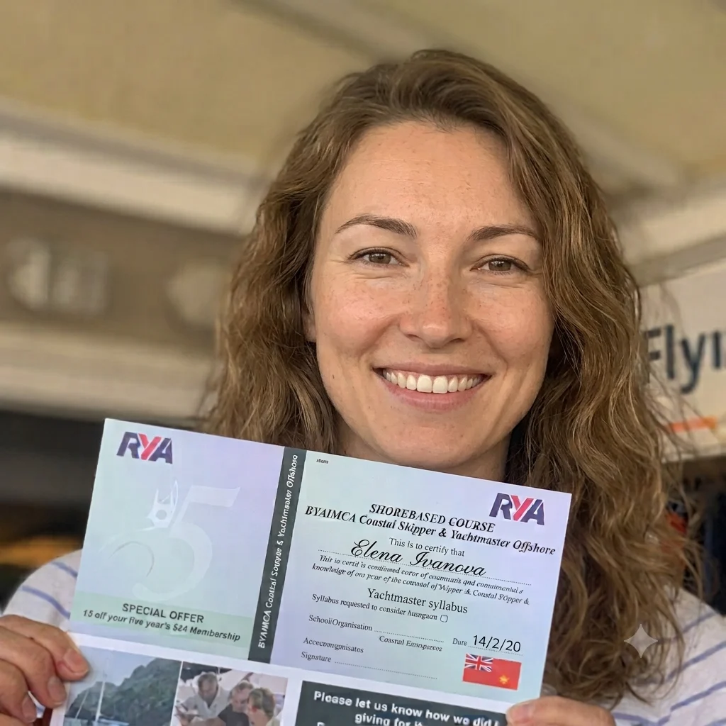 Выпускница с сертификатом RYA Coastal Skipper / Yachtmaster Offshore